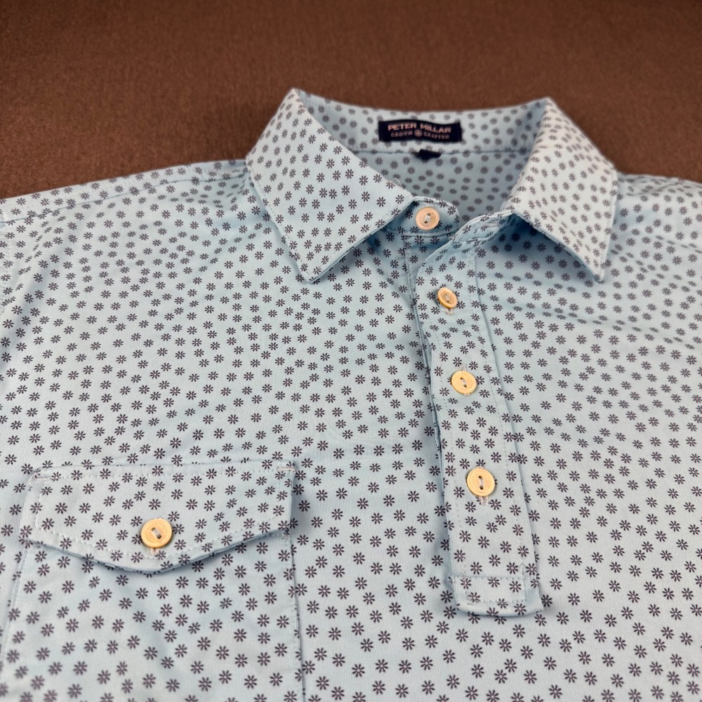 Peter Millar Crown Crafted Mens Large Blue Floral Performance Golf Polo Shirt